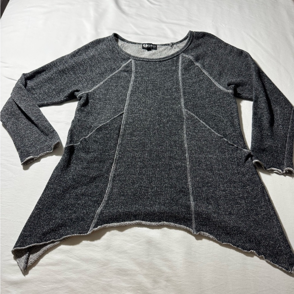 Baku Womens Grey Marl Knit Tunic Top Sharkbite Hem Exposed Stitch Pockets Medium
